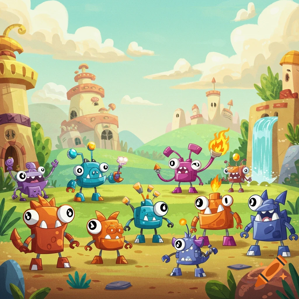 Colorful cartoon monster characters in a vibrant whimsical landscape with playful buildings and a waterfall.