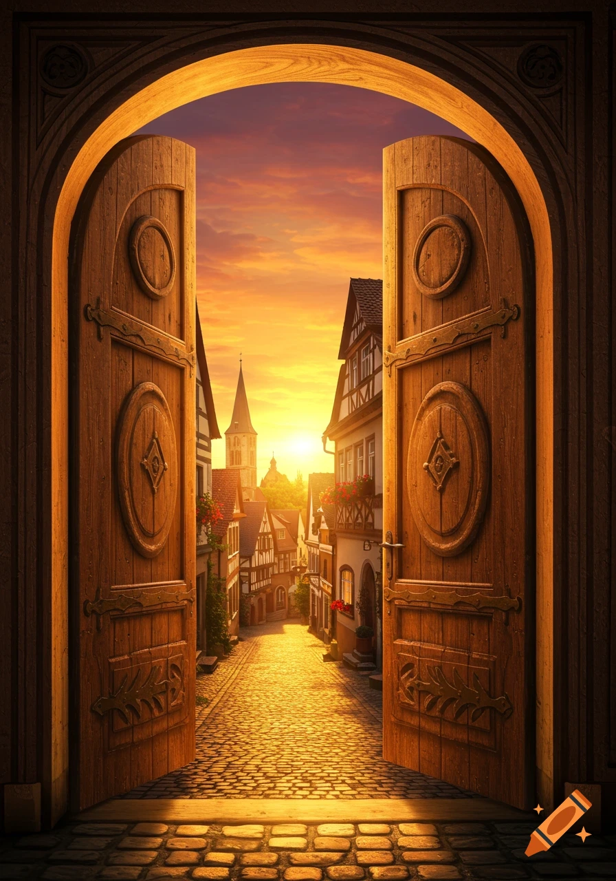 Open ornate wooden doors reveal a cobblestone street lined with half-timbered houses in an old town under a vibrant sunset sky.