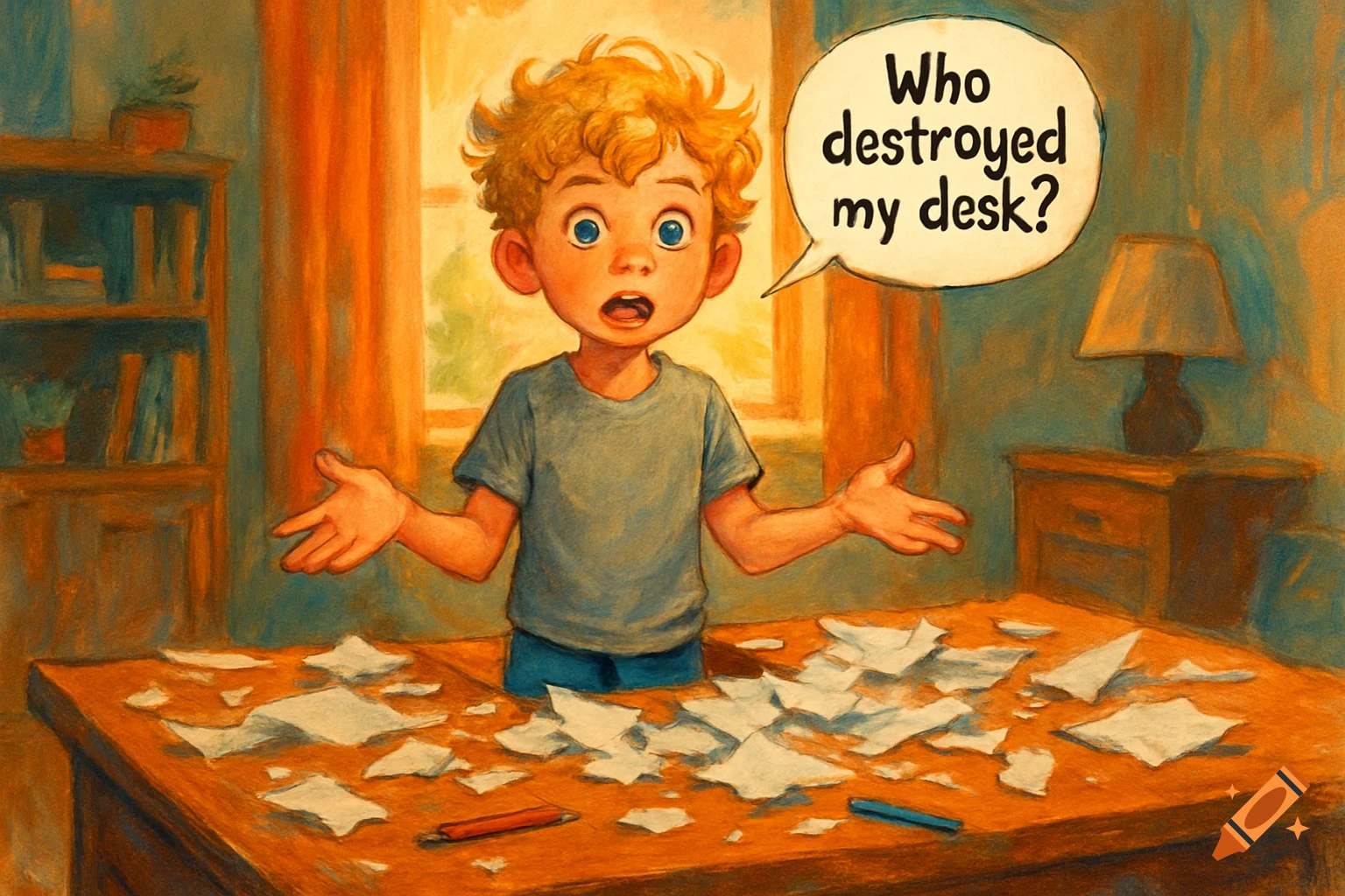 An illustrated boy with curly hair stands at a desk covered in ripped paper, asking "Who destroyed my desk?" in a speech bubble.