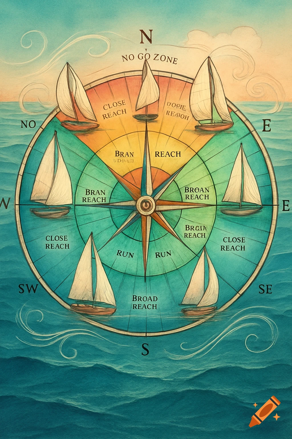 A stylized watercolor diagram showing a compass rose with cardinal directions and multiple sailboats illustrating different sailing wind points on a vibrant blue ocean.
