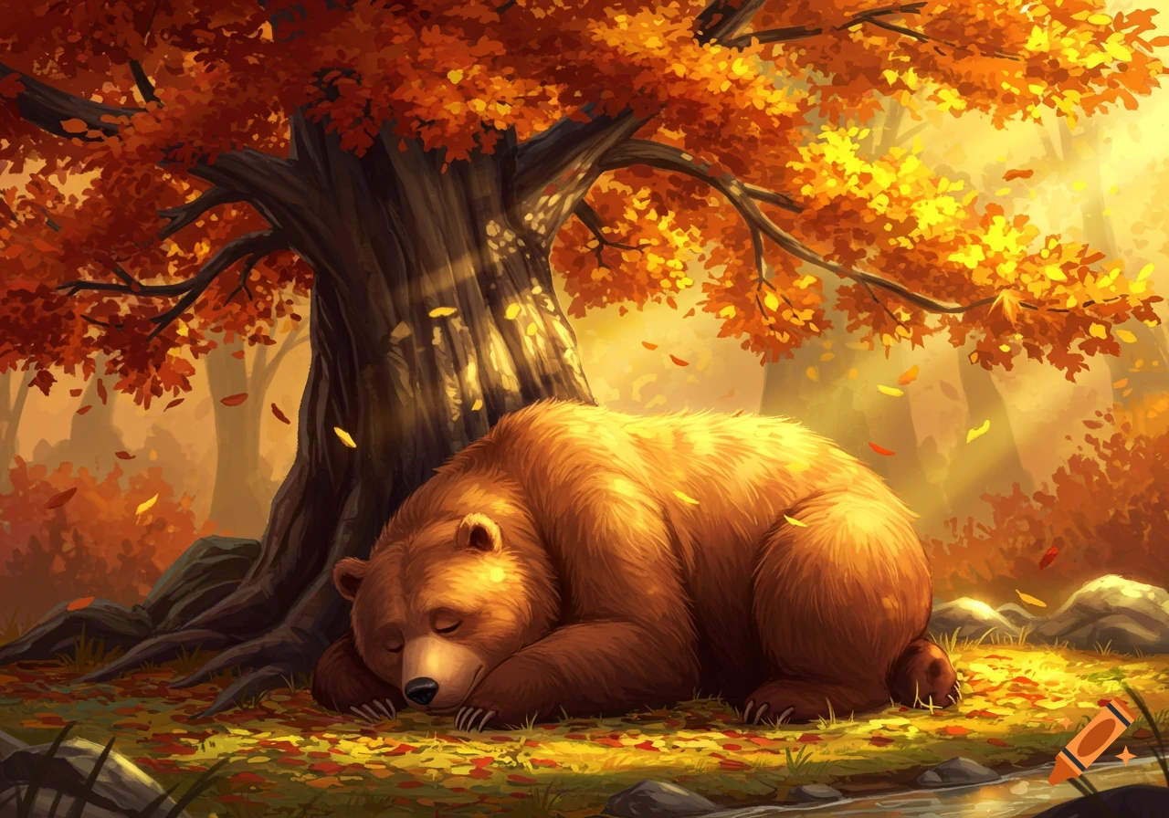 A brown bear sleeps peacefully under a large tree with vibrant orange and yellow autumn leaves, light rays filtering through.