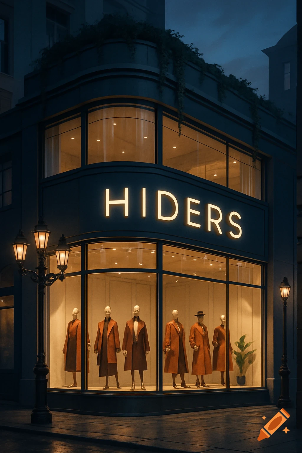 Photorealistic night scene of a store called 'HIDERS' with mannequins in coats displayed in the illuminated window.