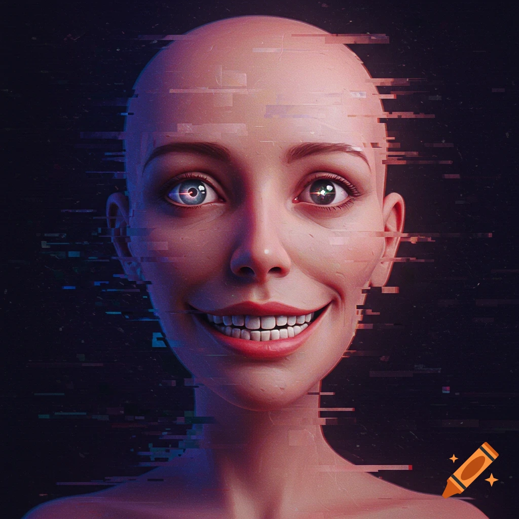 A bald person's head with a wide unsettling smile, featuring glitching digital art effects around the face and head, against a dark background.