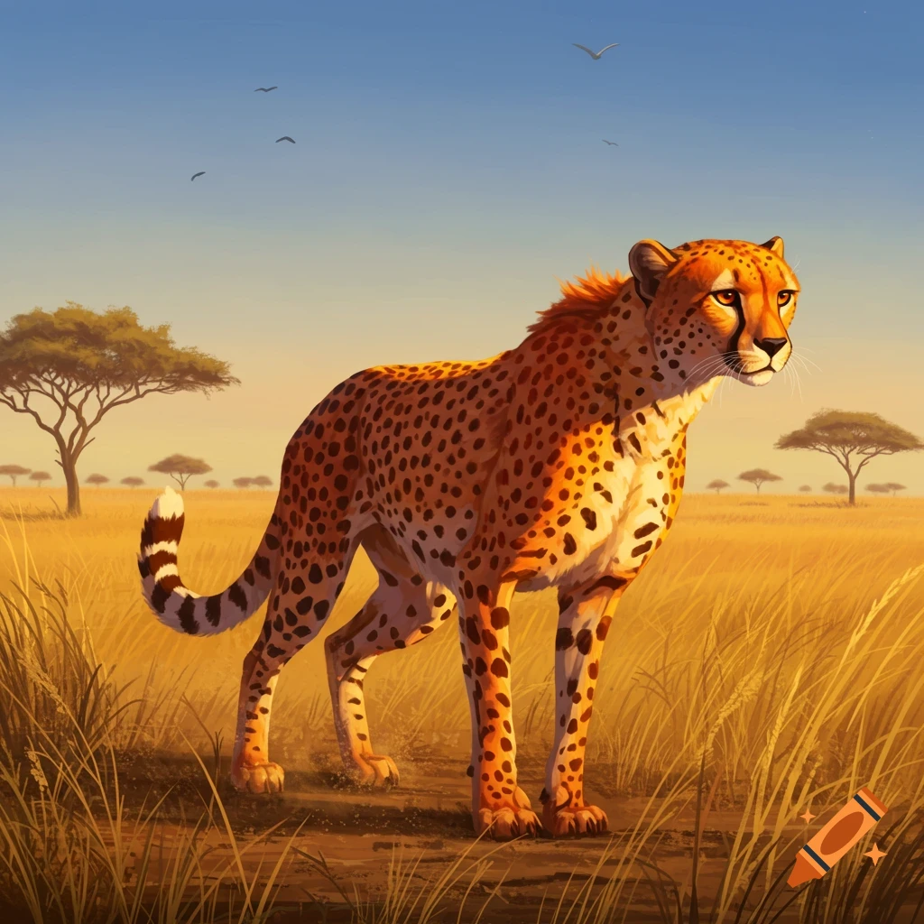 An illustrative cheetah with a blood-orange body stands in a golden savanna at sunset, looking right. Trees and birds are in the background.