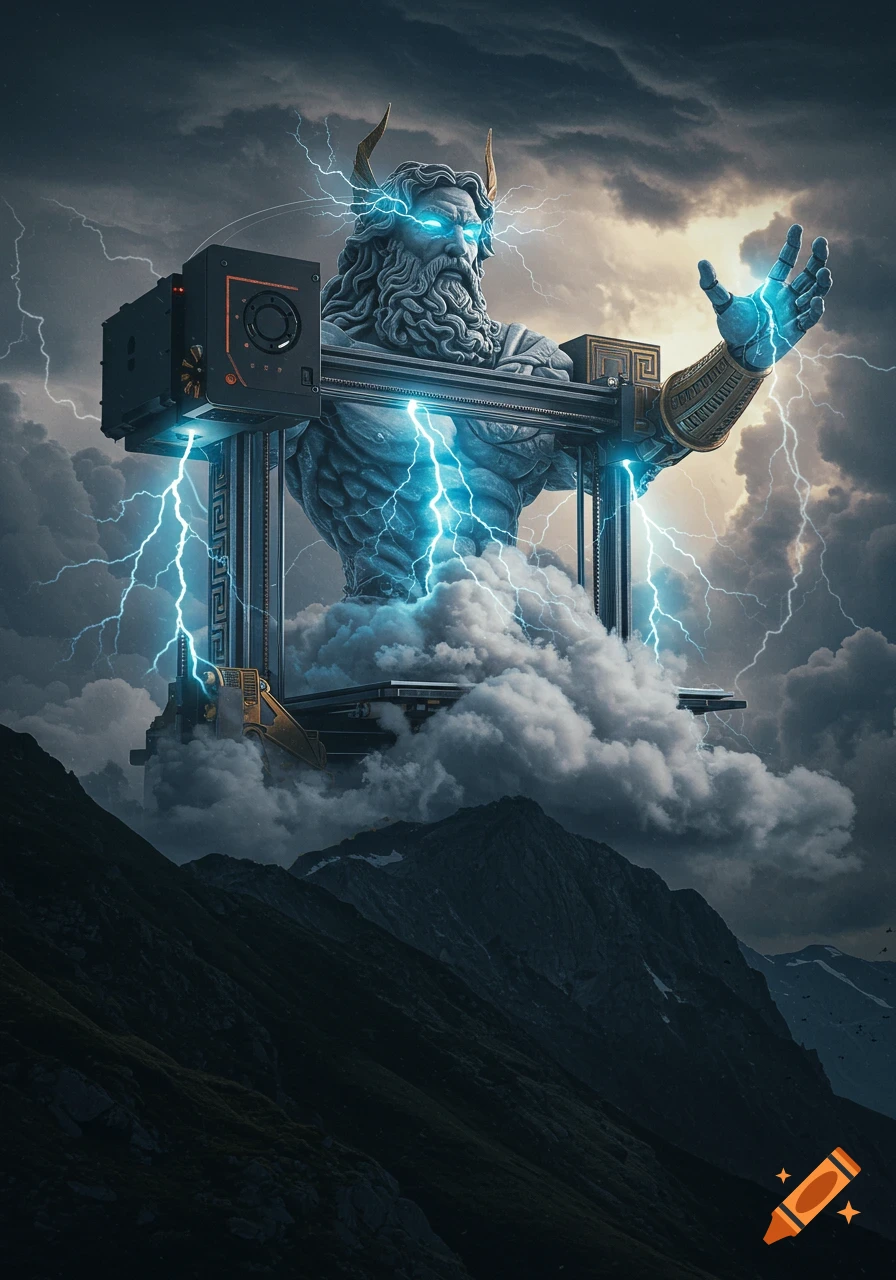 A massive, powerful statue of Zeus with glowing blue eyes and lightning emanating from his hands, integrated into a large 3D printer mechanism, emerging from clouds above dark mountains under a dramatic sky.