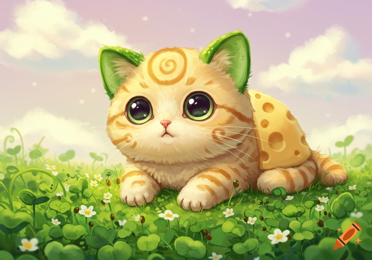 A cute, stylized ginger tabby cat with large eyes and green ears, covered in a slice of Swiss cheese, lies in a field of green clover.