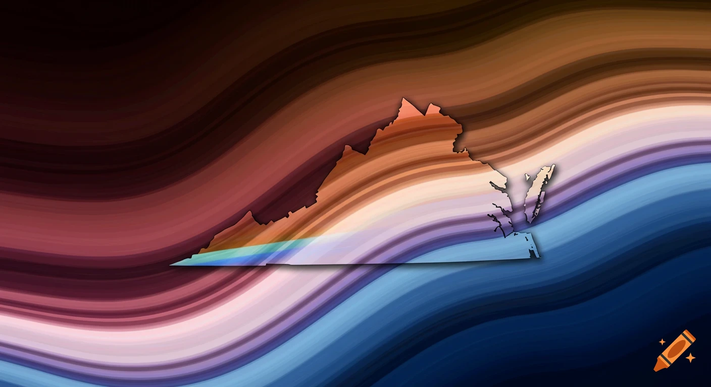 Outline of Virginia against a swirling background of red, orange, purple, and blue colors.