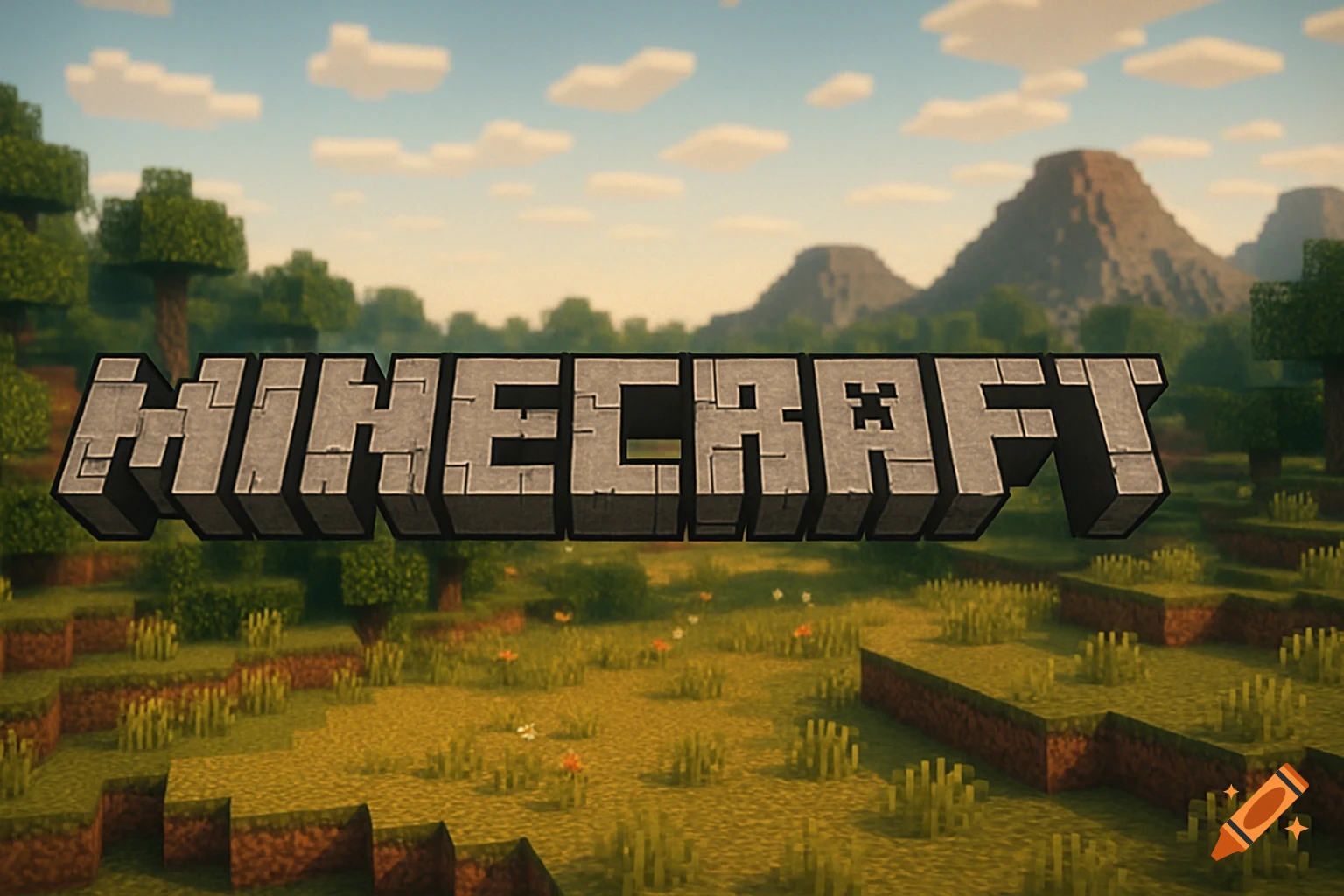 The Minecraft logo floats above a blocky, pixellated landscape with grass, trees, and mountains under a blue sky.