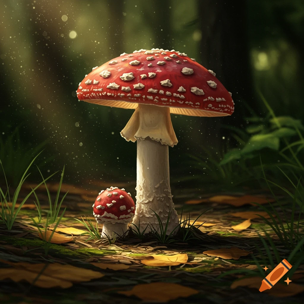 Photorealistic depiction of two red and white fly agaric mushrooms, one large and one small, on a forest floor with sunlight and bokeh.