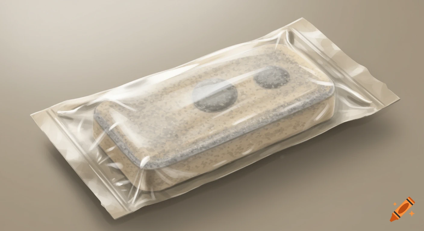 An illustrated wide, rectangular beige tablet with two circular indentations, sealed in a clear plastic wrapper.