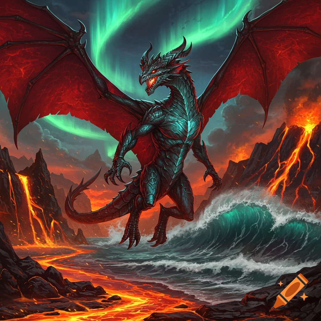 A powerful dragon with red wings and blue scales flies over a volcanic landscape with a stormy ocean and green aurora.
