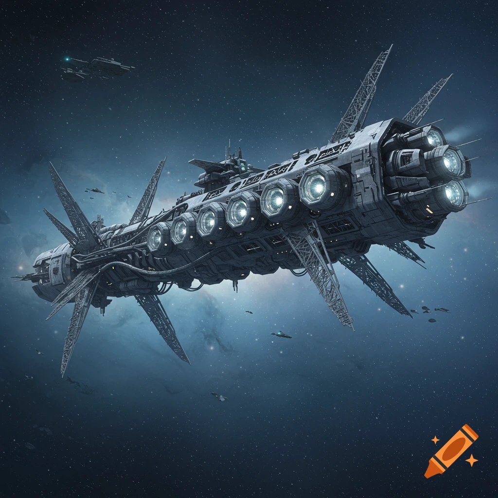 A massive, industrial spaceship with glowing engines and fins in a star-filled galaxy.