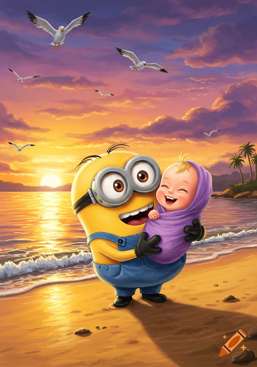 A cute cartoon Minion happily holds a laughing baby on a beach during a vibrant sunset with birds flying in the sky.