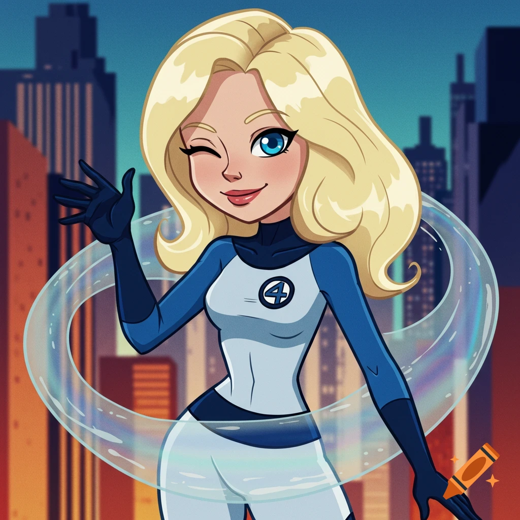 Cartoon Invisible Girl from Fantastic Four winks and waves, surrounded by a transparent bubble, with a city skyline background.