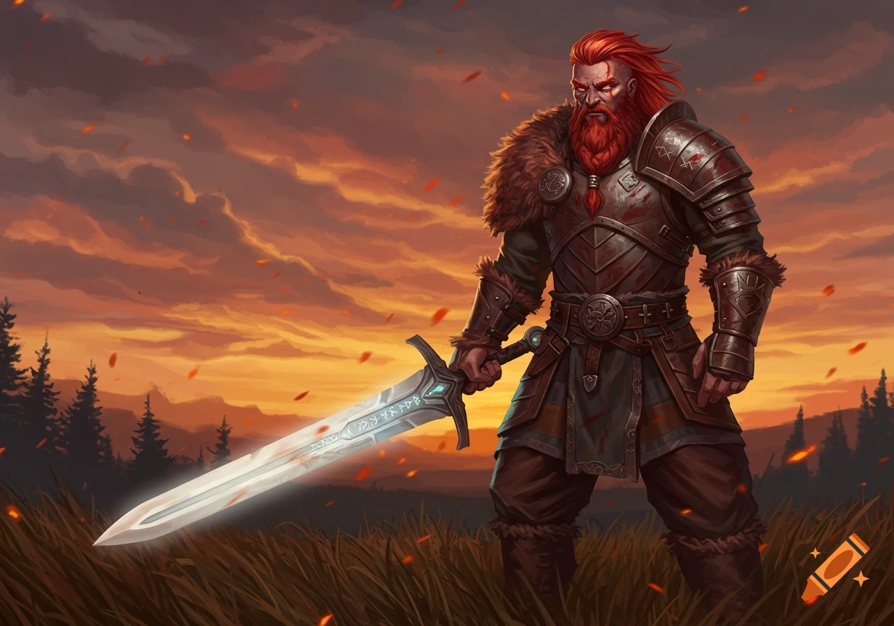 A red-haired, red-bearded warrior in armor holds a glowing sword in a field at sunset.