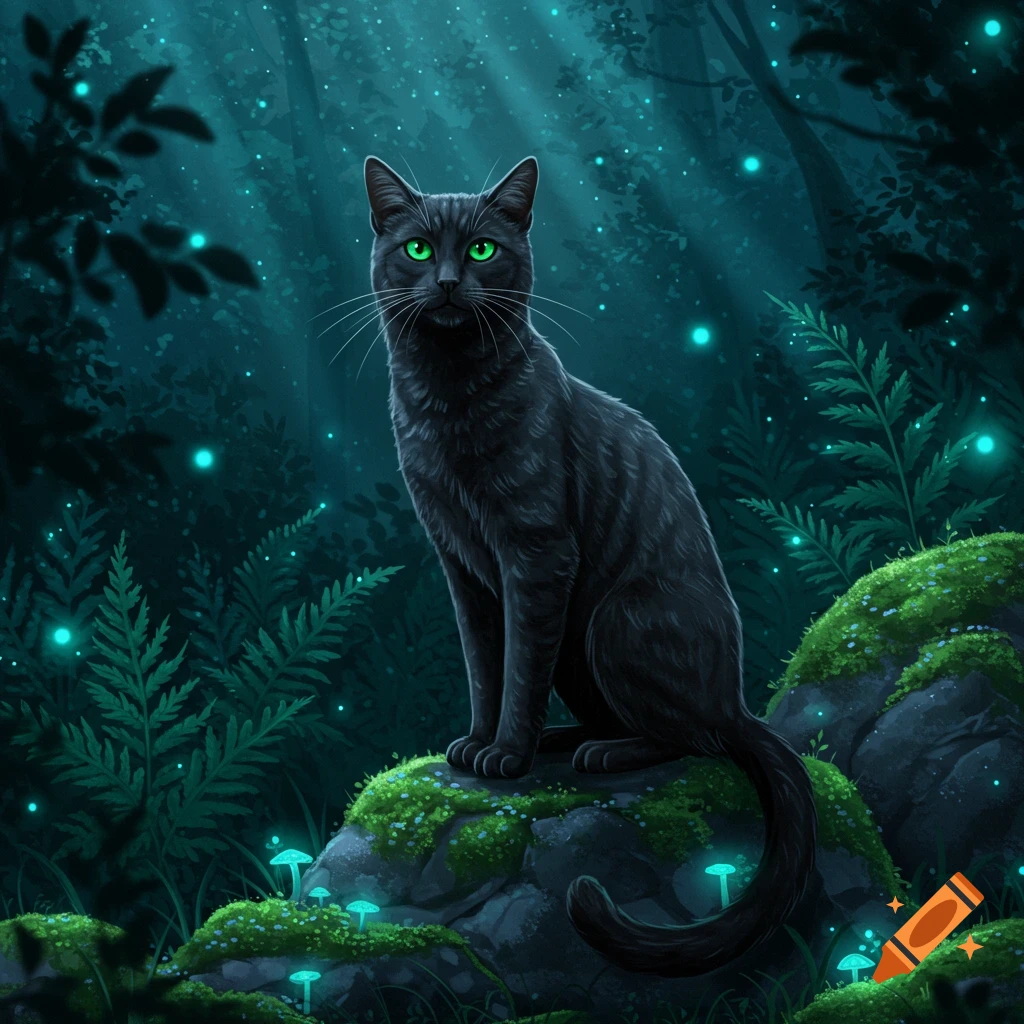 A black cat with luminous green eyes sits on a mossy rock in a dark, glowing fantasy forest.