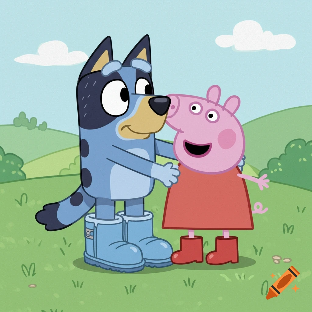 Bluey, a blue dog, and Peppa Pig, a pink pig, hug in a green field. Bluey wears blue boots, Peppa wears red boots.