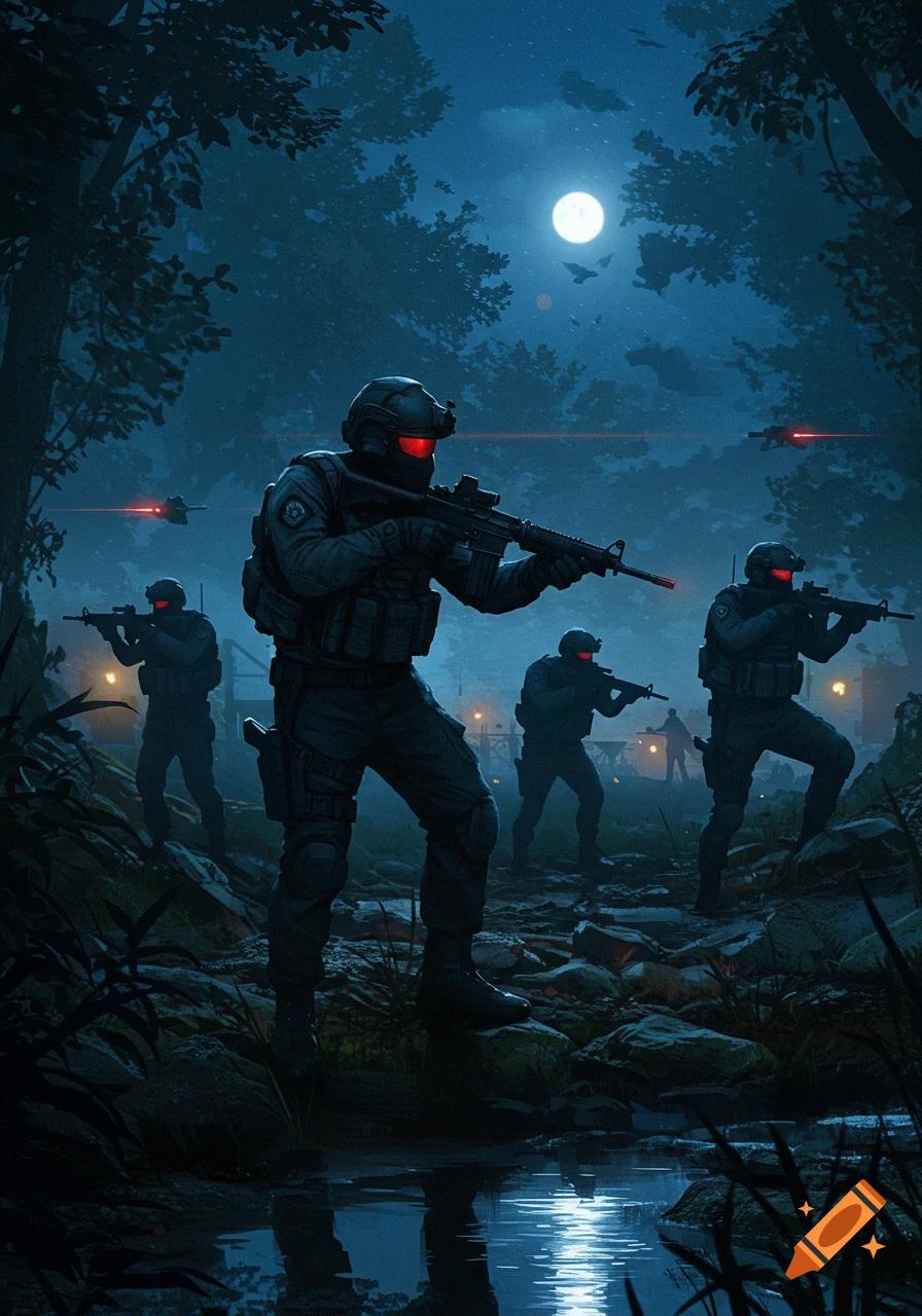 Tactical soldiers with red-glowing eye gear and rifles patrol a dark, moonlit forest at night with drones.