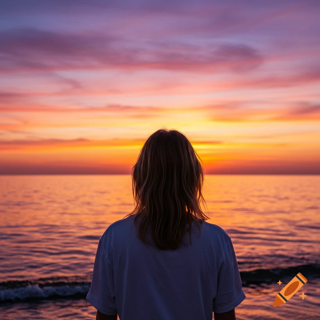 A person with long fair hair, seen from behind, watches a vibrant orange and purple sunset over a calm ocean.