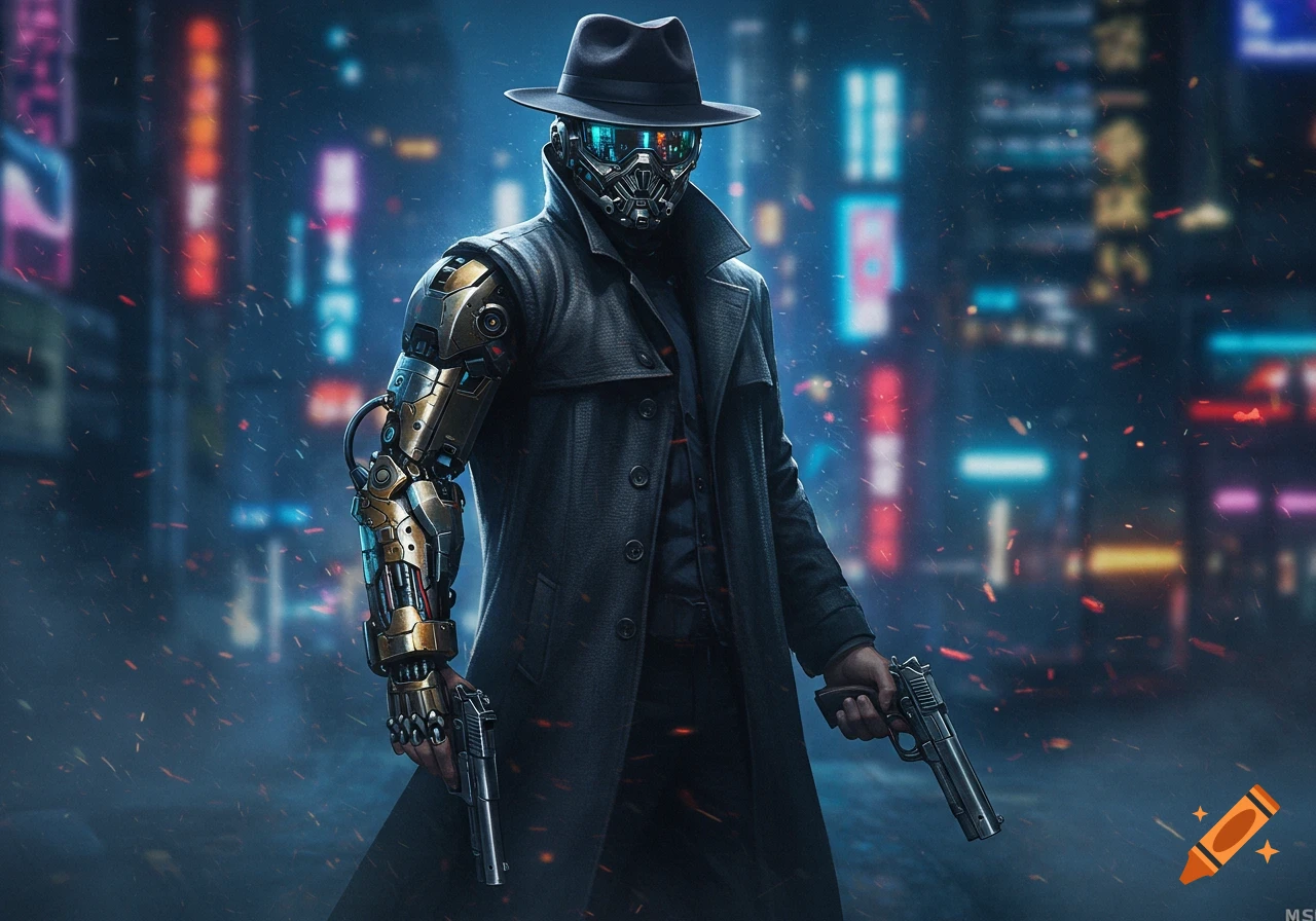 A cyberpunk figure in a trench coat, fedora, and visor mask with a robotic arm, holding two pistols in a rainy, neon-lit city.