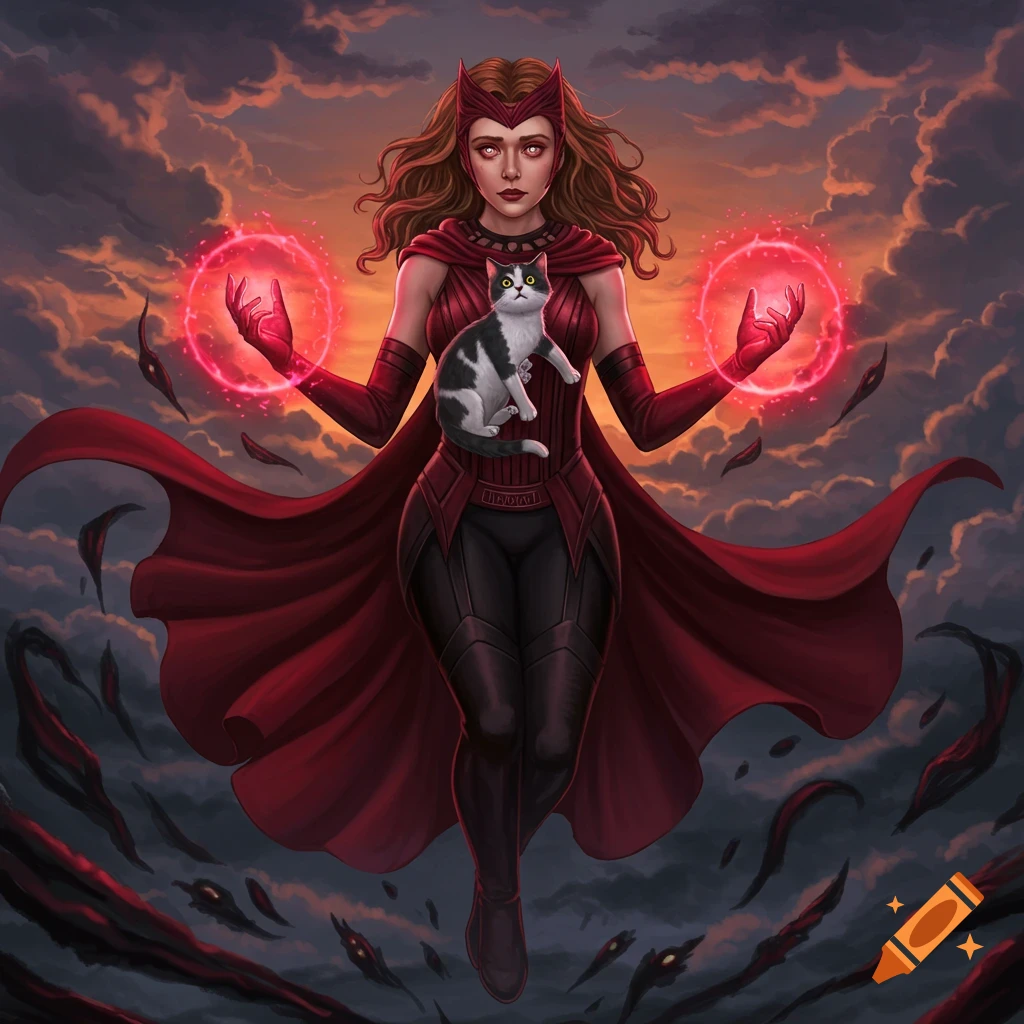 Scarlet Witch levitates holding a tuxedo cat, with red magic glowing in her hands, against a dramatic sunset sky.