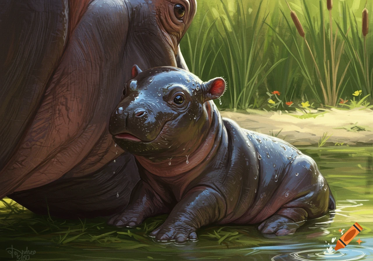 A wet baby hippo sits in shallow water next to an adult hippo, surrounded by green reeds.