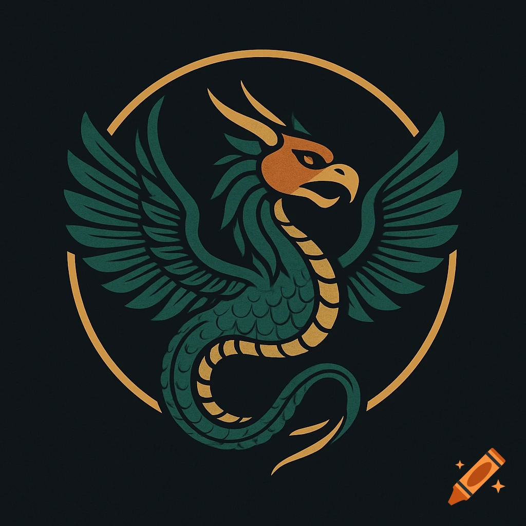 A stylized green and orange Piasa Bird with wings and a long tail, depicted as a logo within a golden circle on a dark background.