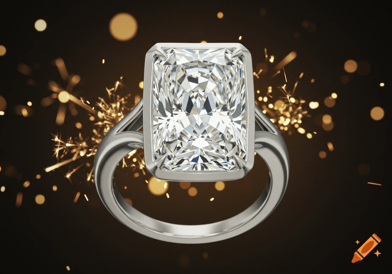 Close-up of a radiant cut diamond engagement ring with a silver band, set against a dark background with golden sparks.