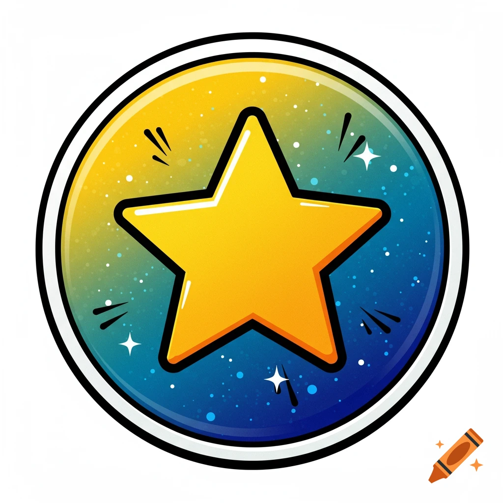 A cartoon-style round icon featuring a yellow star against a yellow to blue gradient background with speckles.