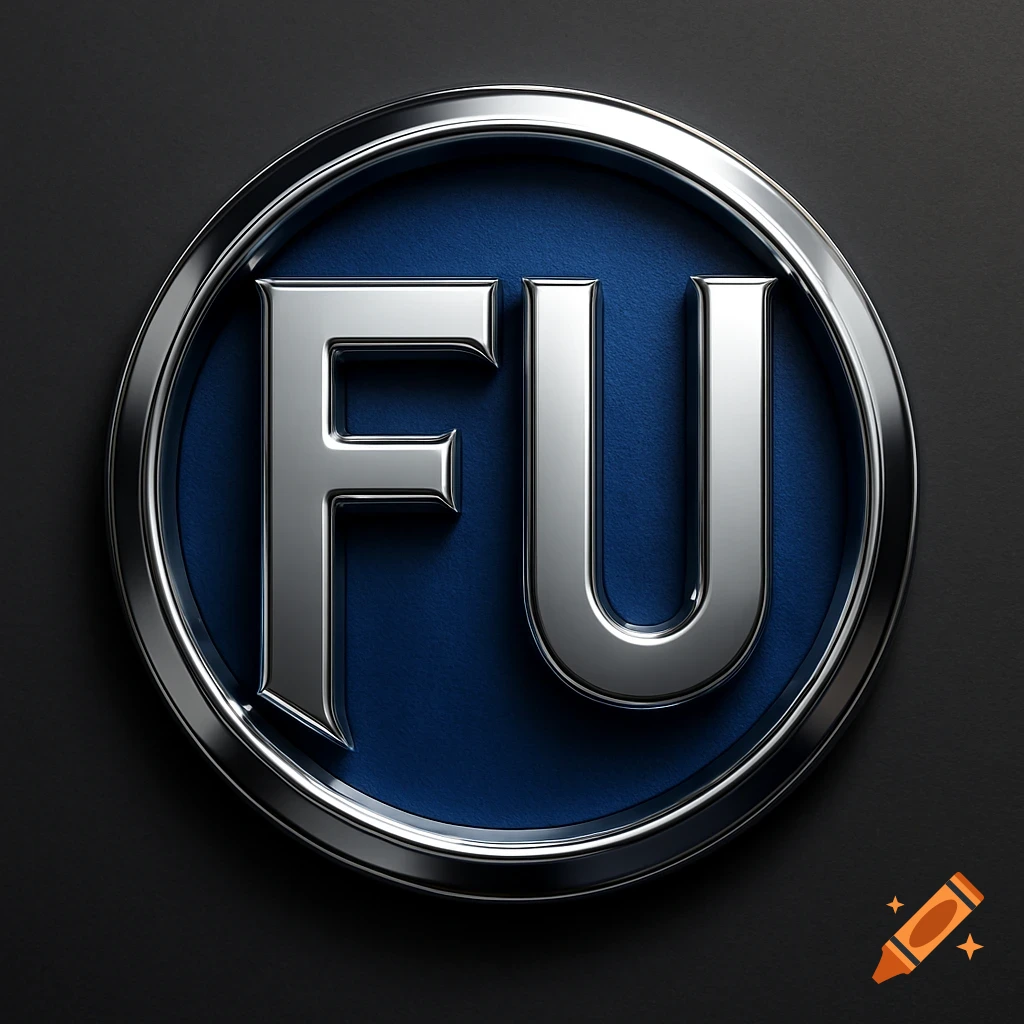 A 3D chrome silver logo featuring the letters 'FU' inside a cobalt blue circle with a metallic border.
