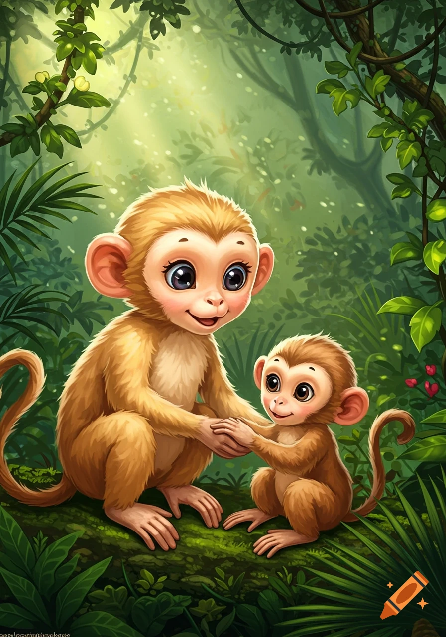 A cute mother monkey and her baby monkey sit on a log in a lush green jungle, holding hands in a cartoon illustration style.