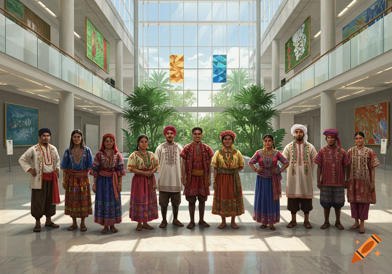 Diverse individuals in colorful traditional attire stand in a modern building lobby with large windows and plants.