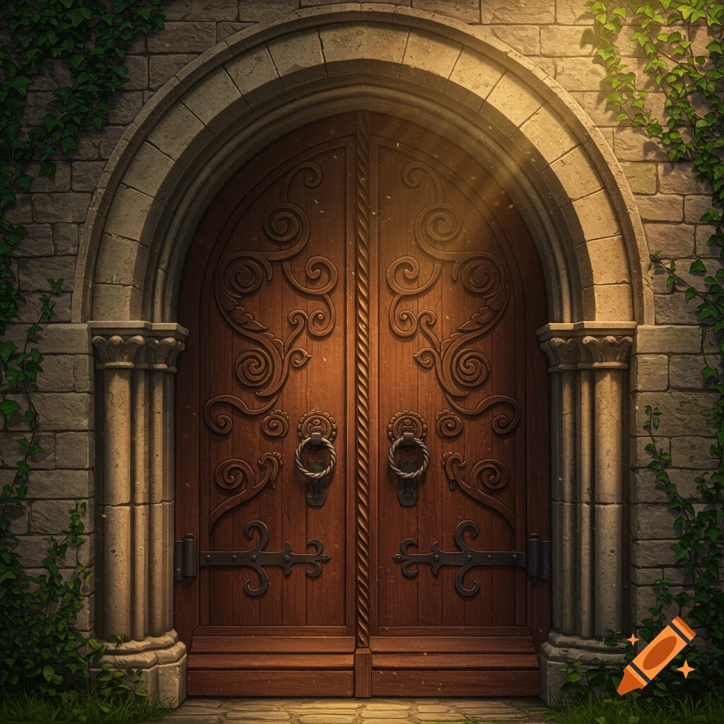 An ornate, arched wooden door with intricate carvings in a stone wall covered with green ivy, bathed in sunlight.