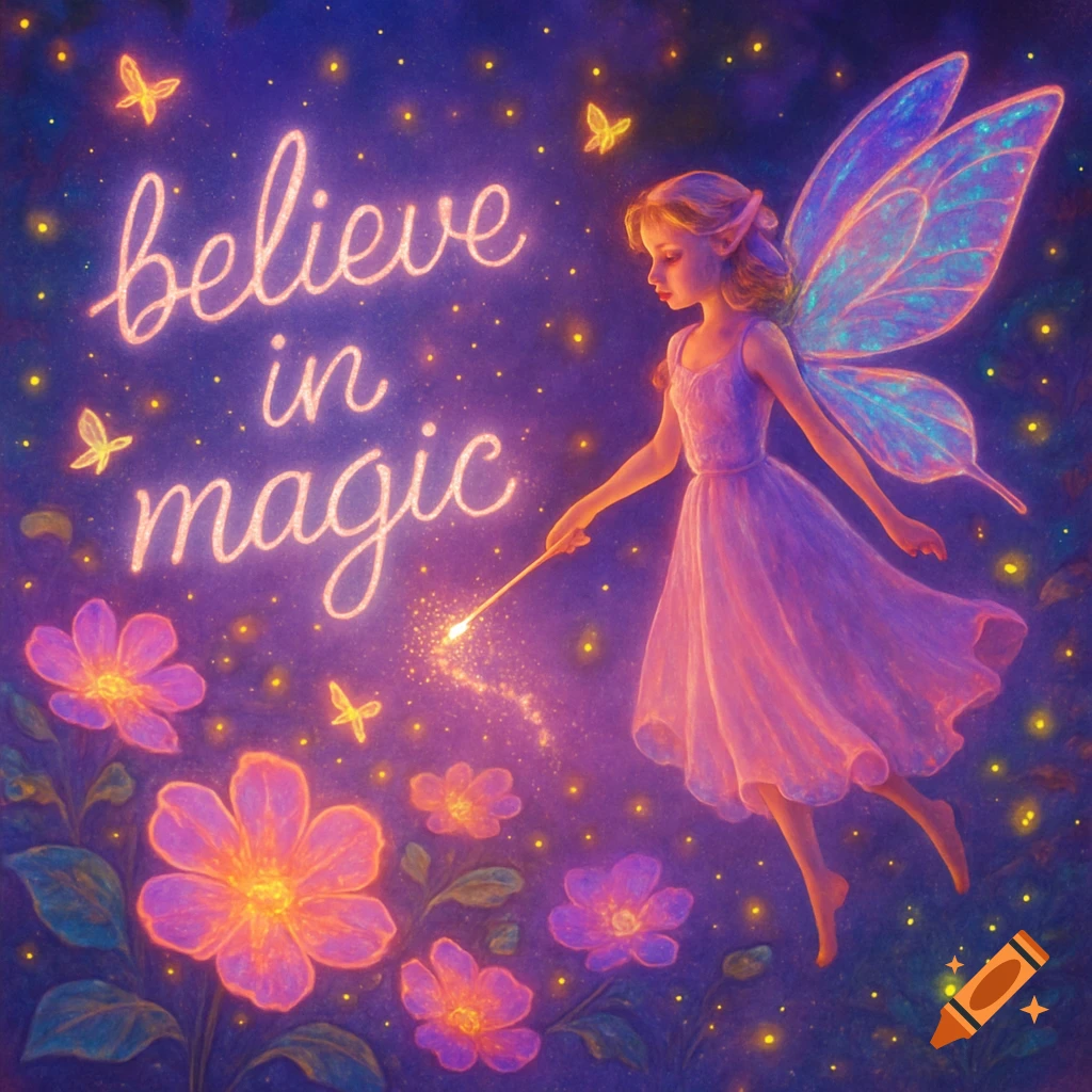 A fairy with glowing wings creates 'believe in magic' with her wand in a luminous, magical garden with flowers and butterflies.