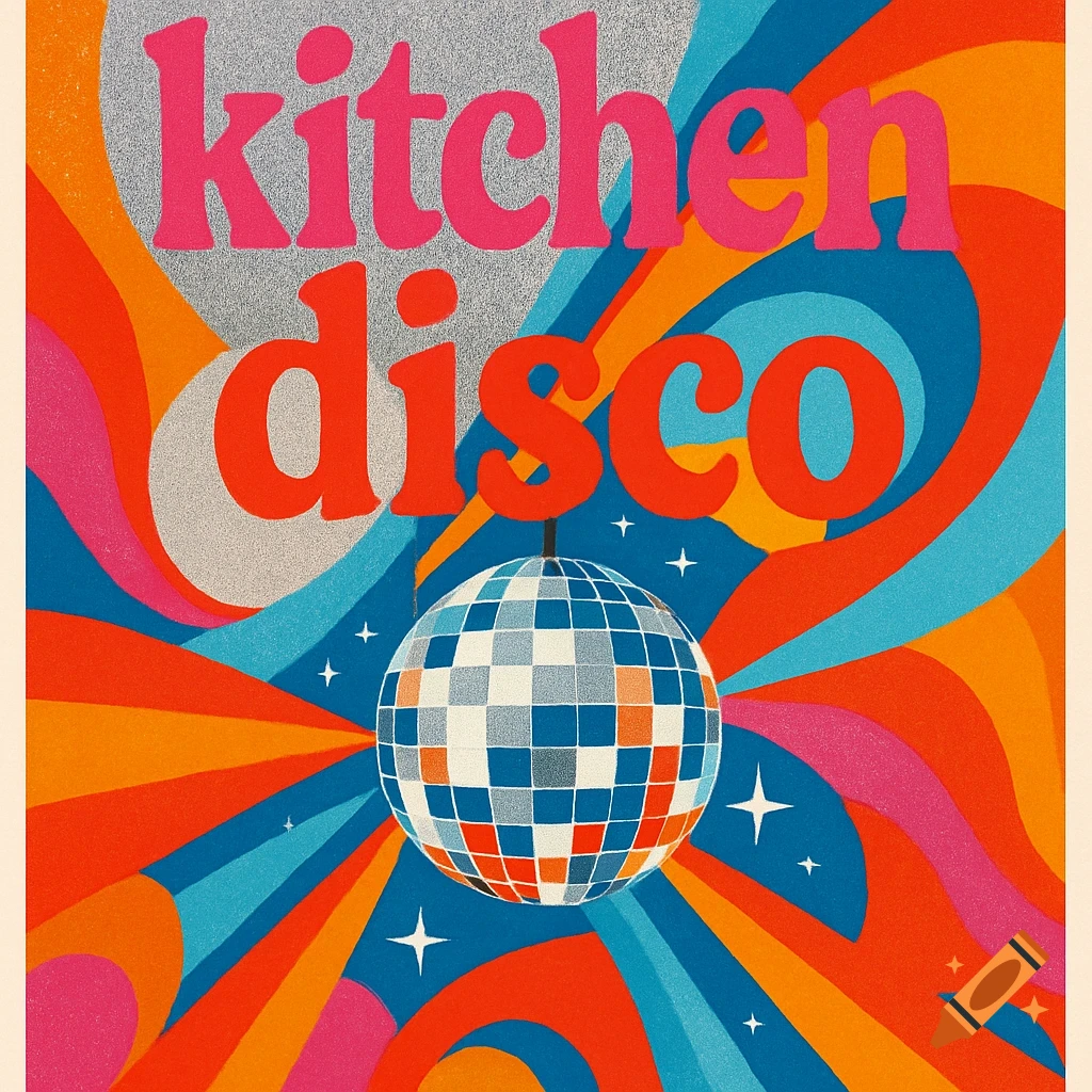 A vibrant retro poster with "kitchen disco" text and a disco ball amidst colorful, swirling patterns.