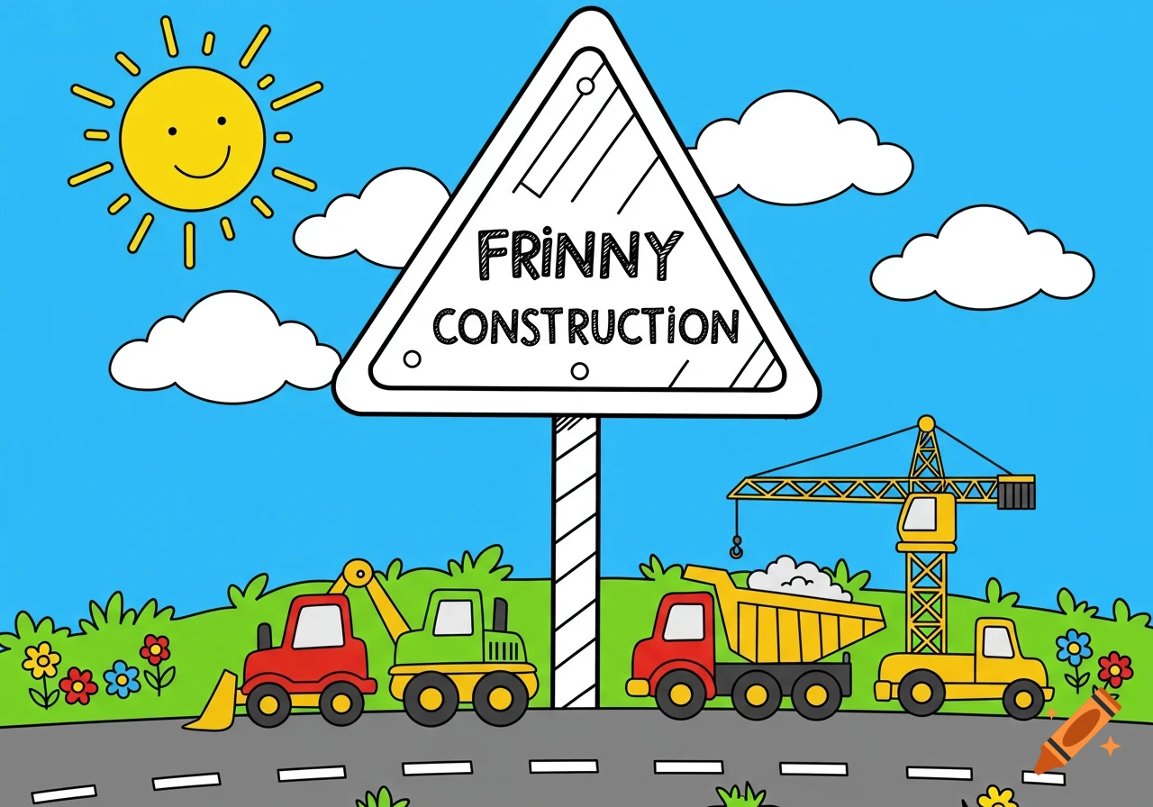 A cartoon illustration of a sunny construction scene with a sign that reads "FRINNY CONSTRUCTION", featuring a red bulldozer, a green excavator, a red dump truck, a yellow crane, and a yellow truck on a road.