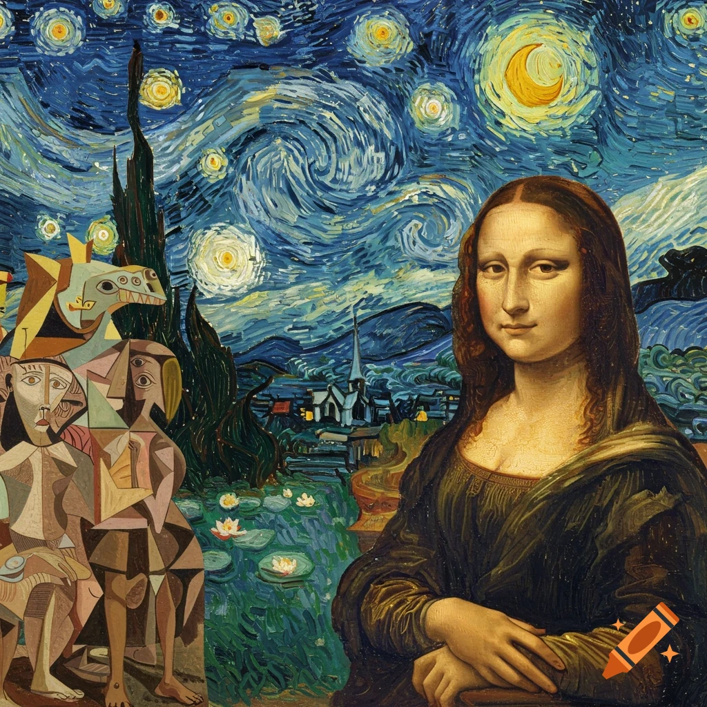 Mona Lisa portrait superimposed on Van Gogh's Starry Night with Cubist figures on the left.