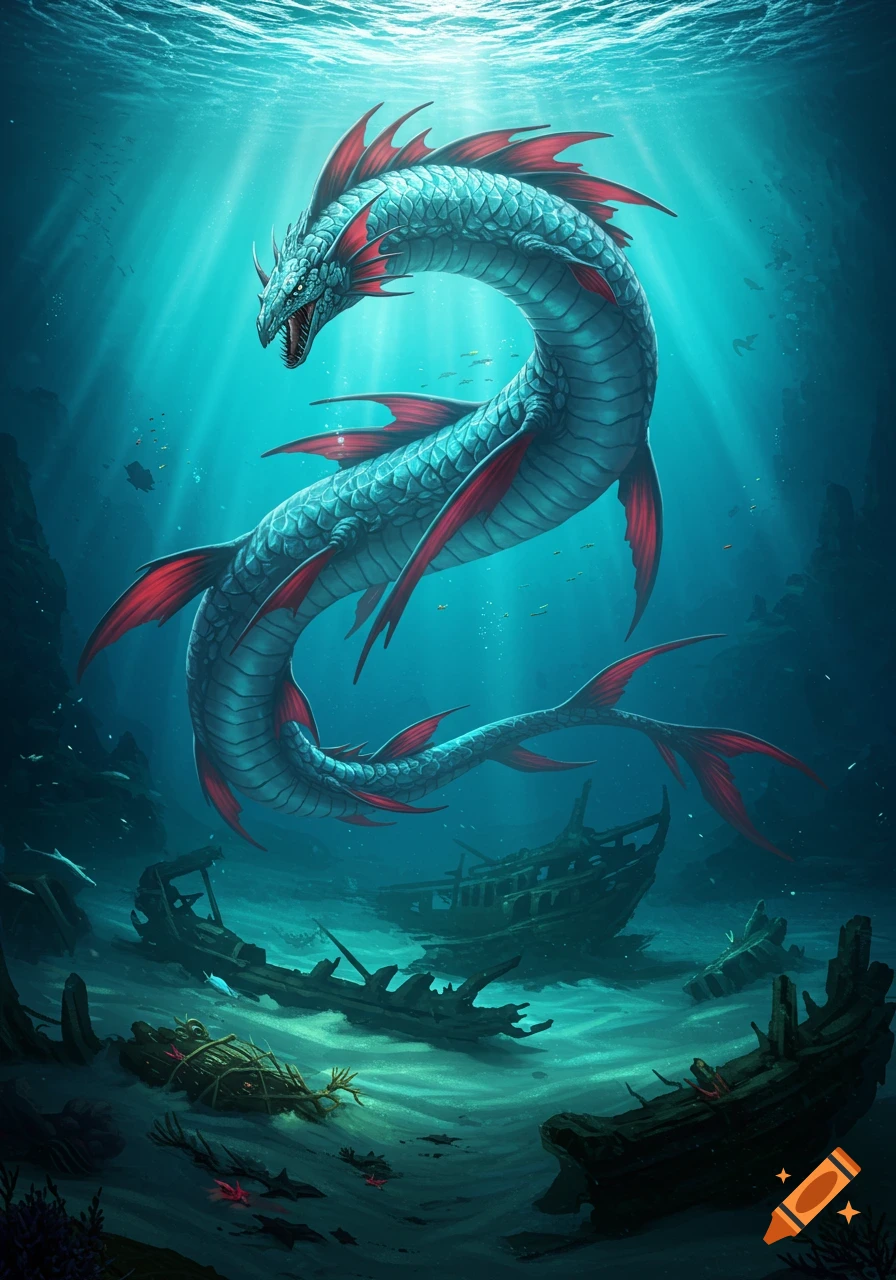 A large, blue and red serpentine sea monster with scales and fins swims above sunken shipwrecks in sunlit underwater depths.