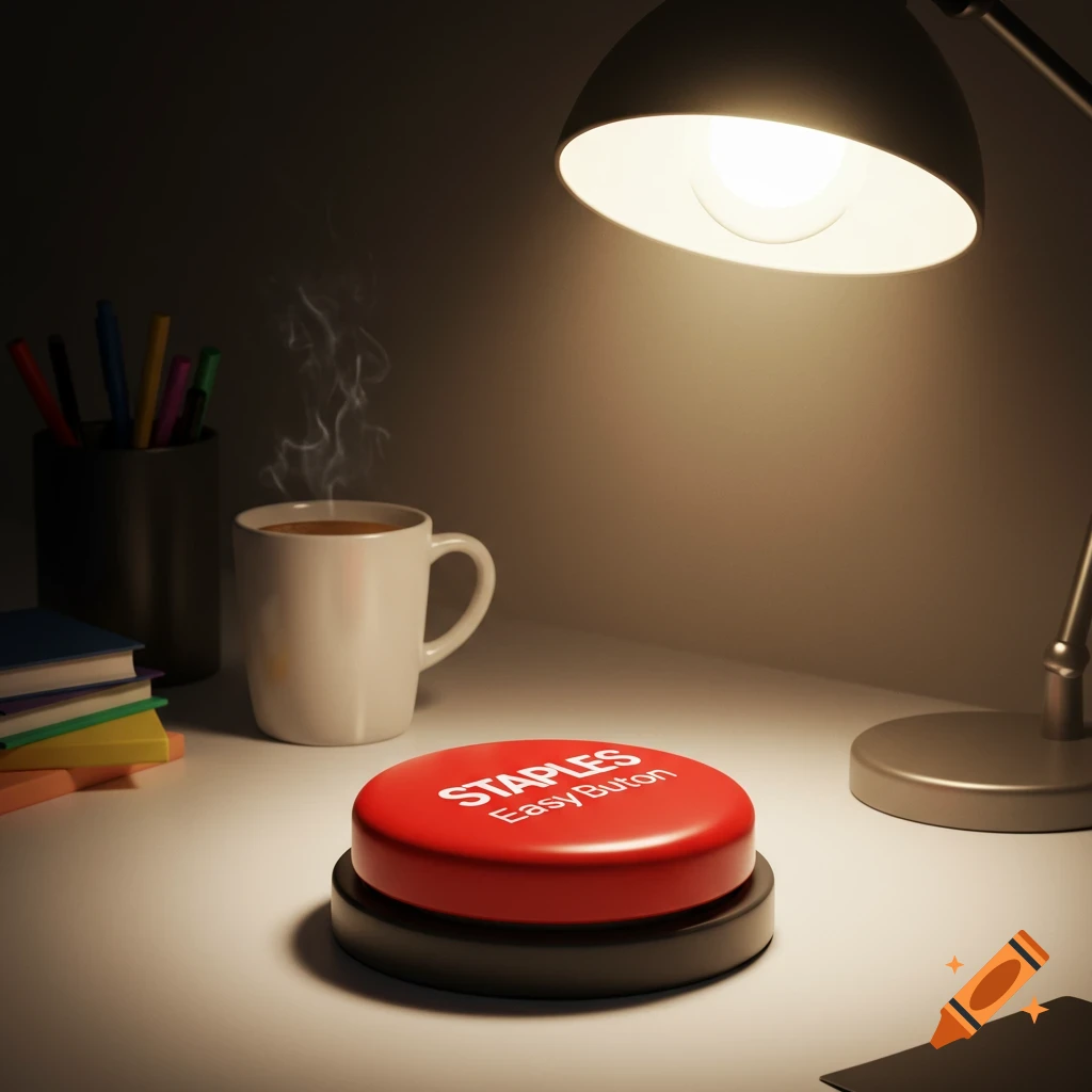 A close-up shot of a red Staples Easy Button on a desk, illuminated by a warm lamp. A steaming coffee mug and pens are in the background.