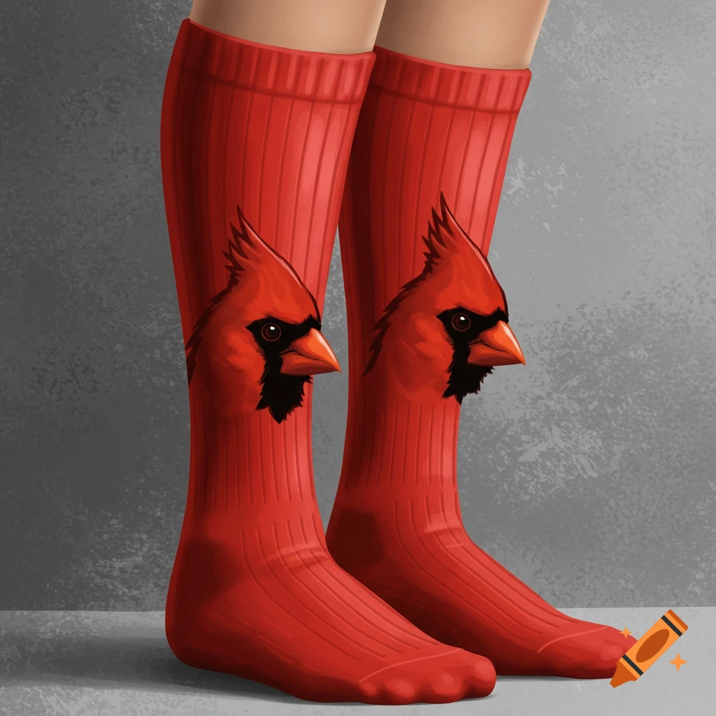 A pair of red knee-high socks with a detailed illustration of a cardinal's head on each sock.