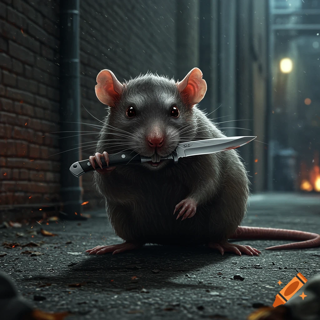 A menacing rat holding an SAS knife in its mouth in a dark alley.