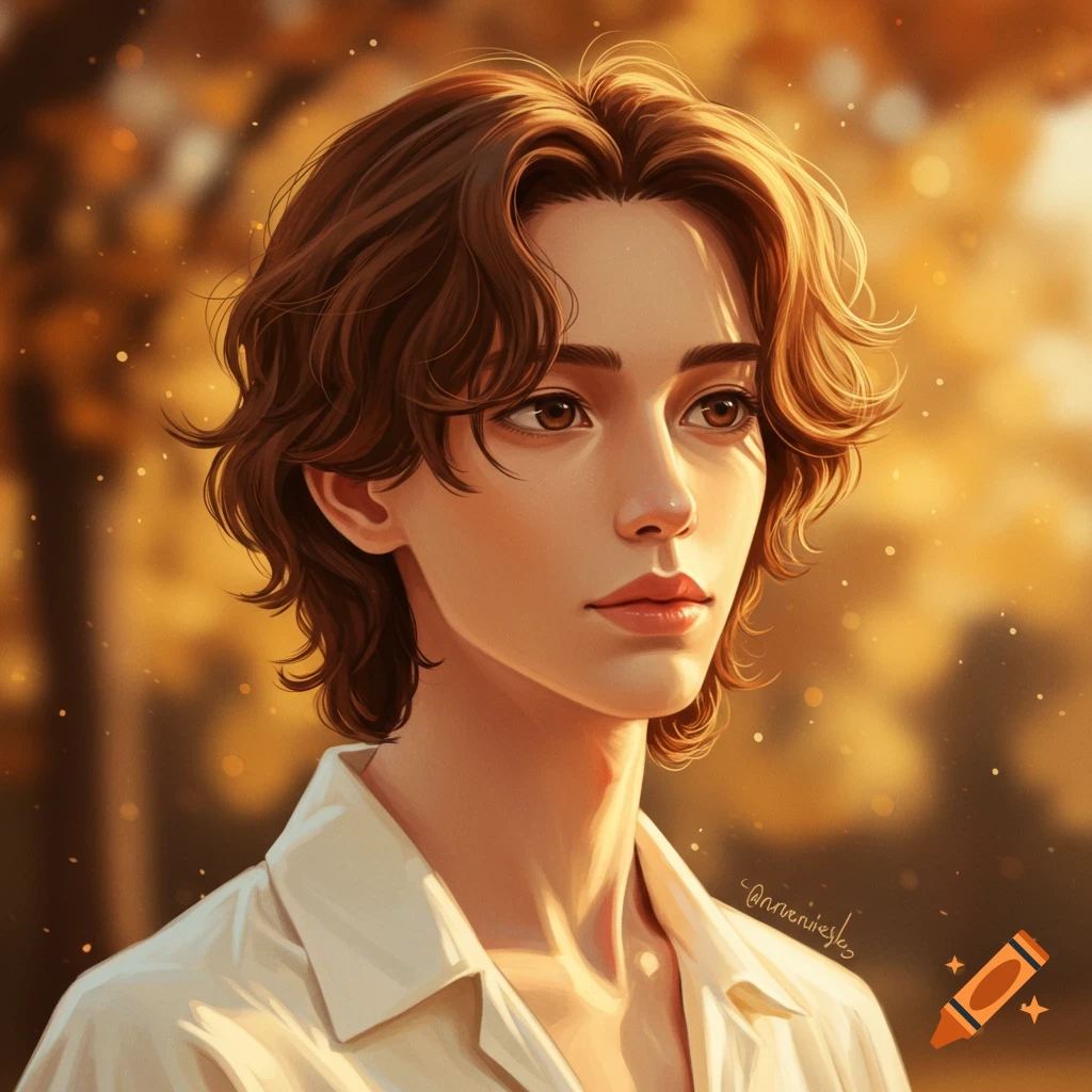 A digital art portrait of a young man with wavy brown hair and brown eyes, looking thoughtful, set against a warm, blurry outdoor background with sunlight.