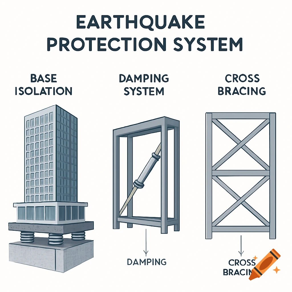 Diagram illustrating three earthquake protection systems: base isolation, damping system, and cross bracing.