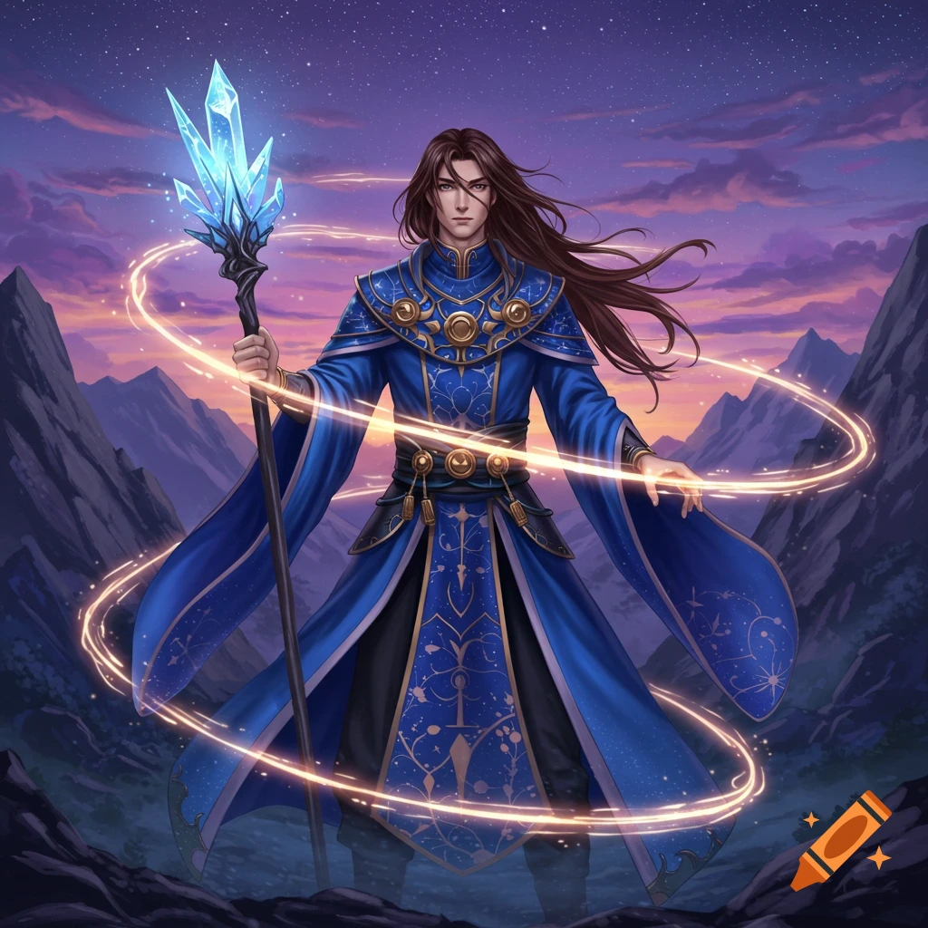 An anime wizard with long brown hair in a detailed blue robe holding a glowing crystal staff, surrounded by magical light trails under a starry sky.