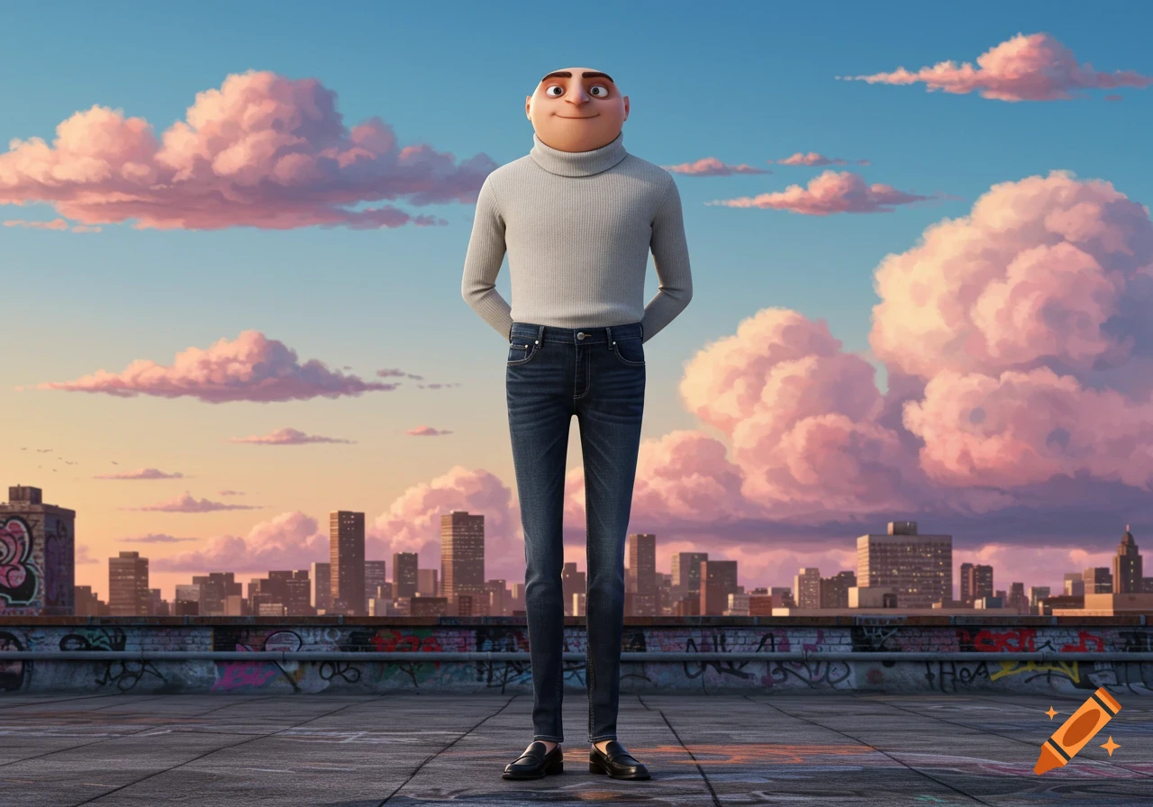 Gru stands on a graffiti-covered rooftop at sunset, wearing a grey turtleneck and blue jeans, with a city skyline in the background. Animated style.