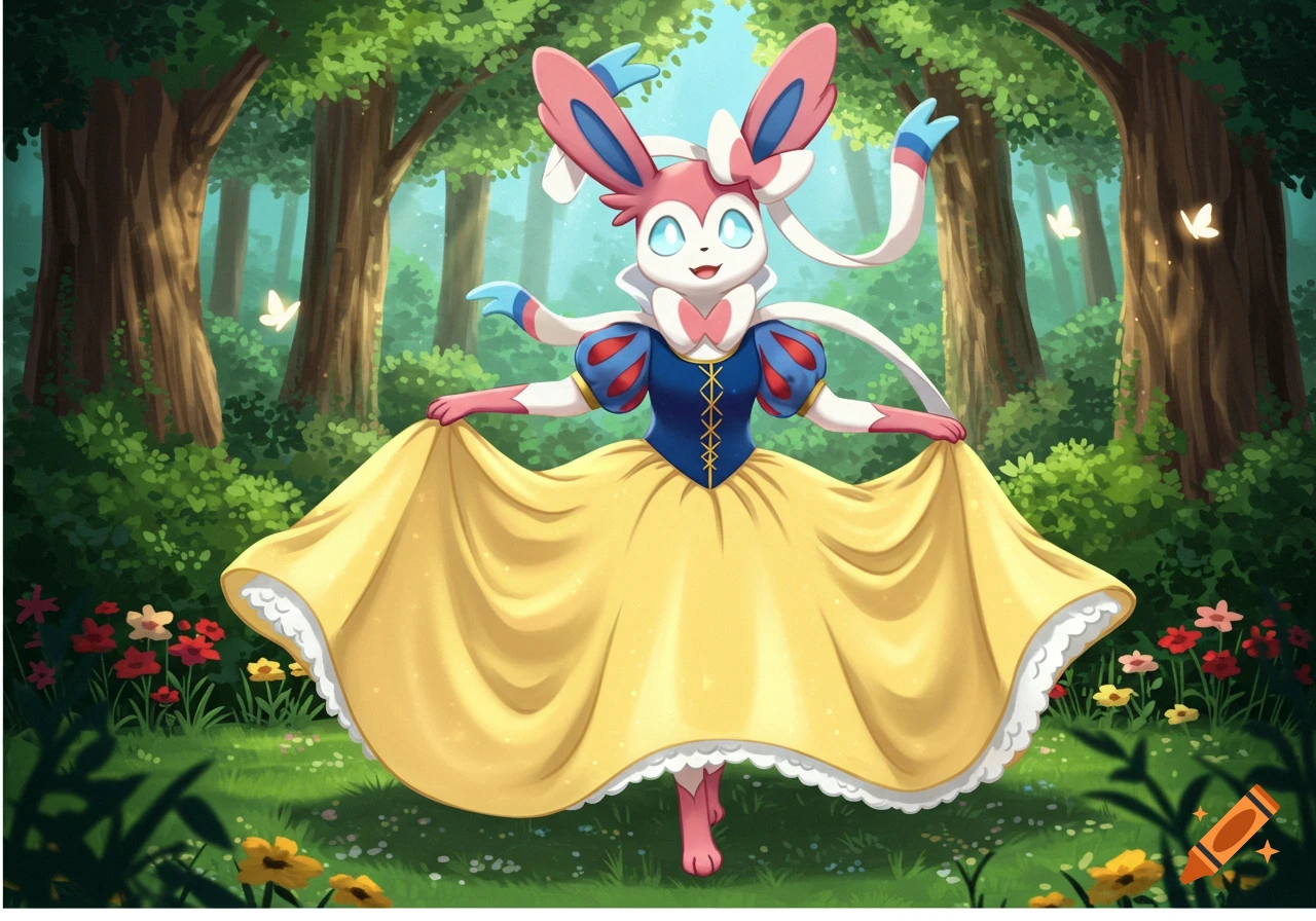 A colorful illustration of Sylveon wearing Snow White's yellow and blue dress in a forest with flowers and butterflies.