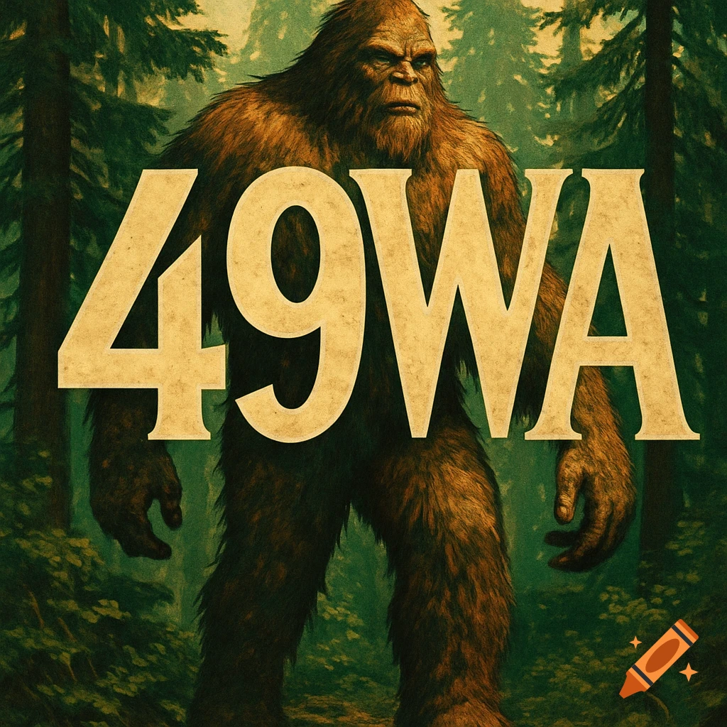 A large, hairy Bigfoot stands in a forest with the large letters "49WA" superimposed over it in a vintage illustration style.