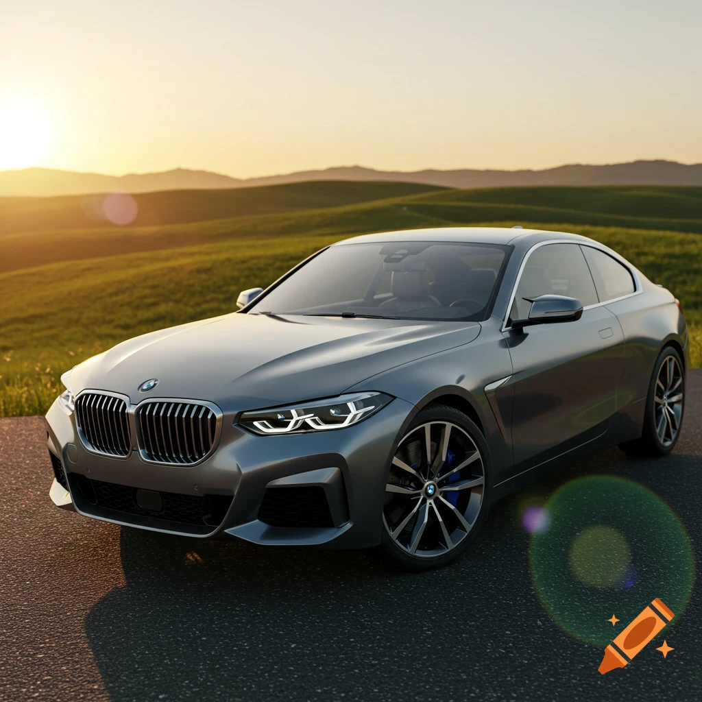 A sleek grey BMW car is parked on an asphalt road with green hills and a sunset in the background.
