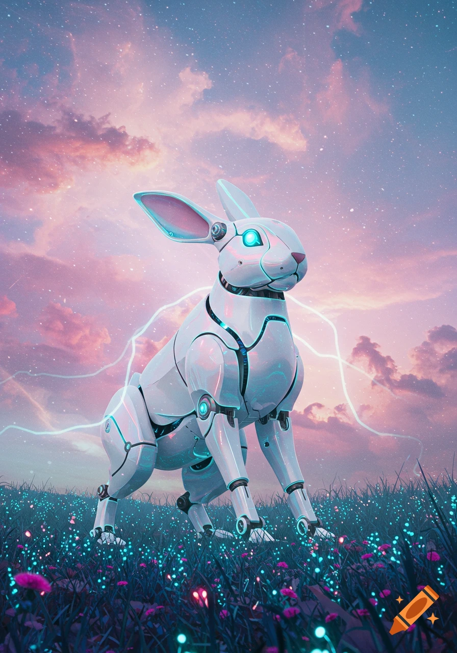 A white robotic rabbit with glowing blue eyes stands in a field of luminous purple flowers under a pastel pink and blue sky with electric streaks.