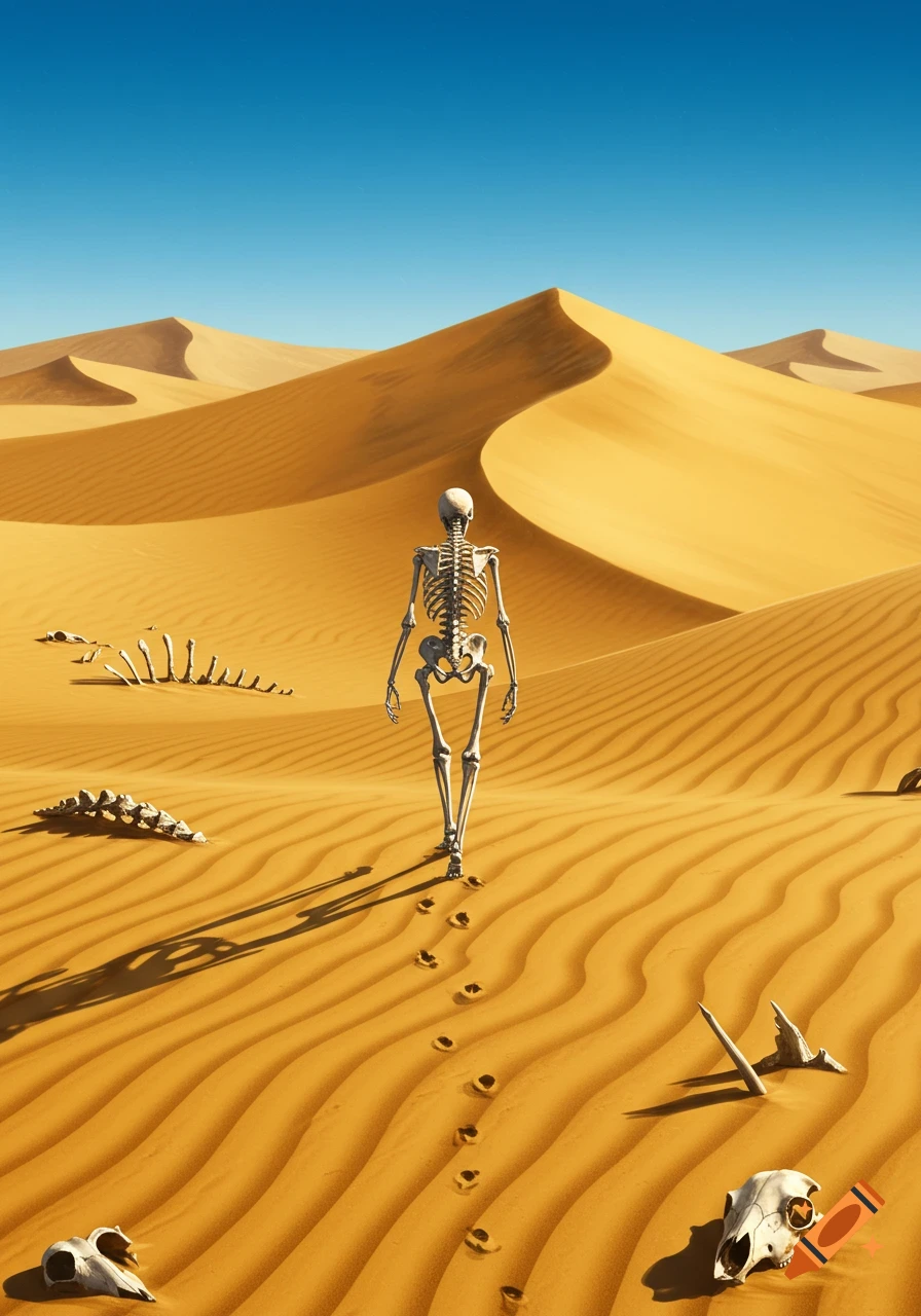 A skeleton walks across a vast desert landscape with sand dunes and scattered animal bones under a clear blue sky.